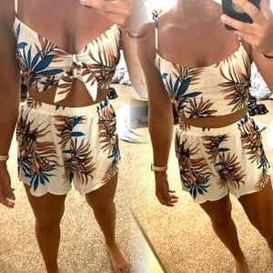 Tropical Print Tie Cami Top Matching High Waist Shorts size Small